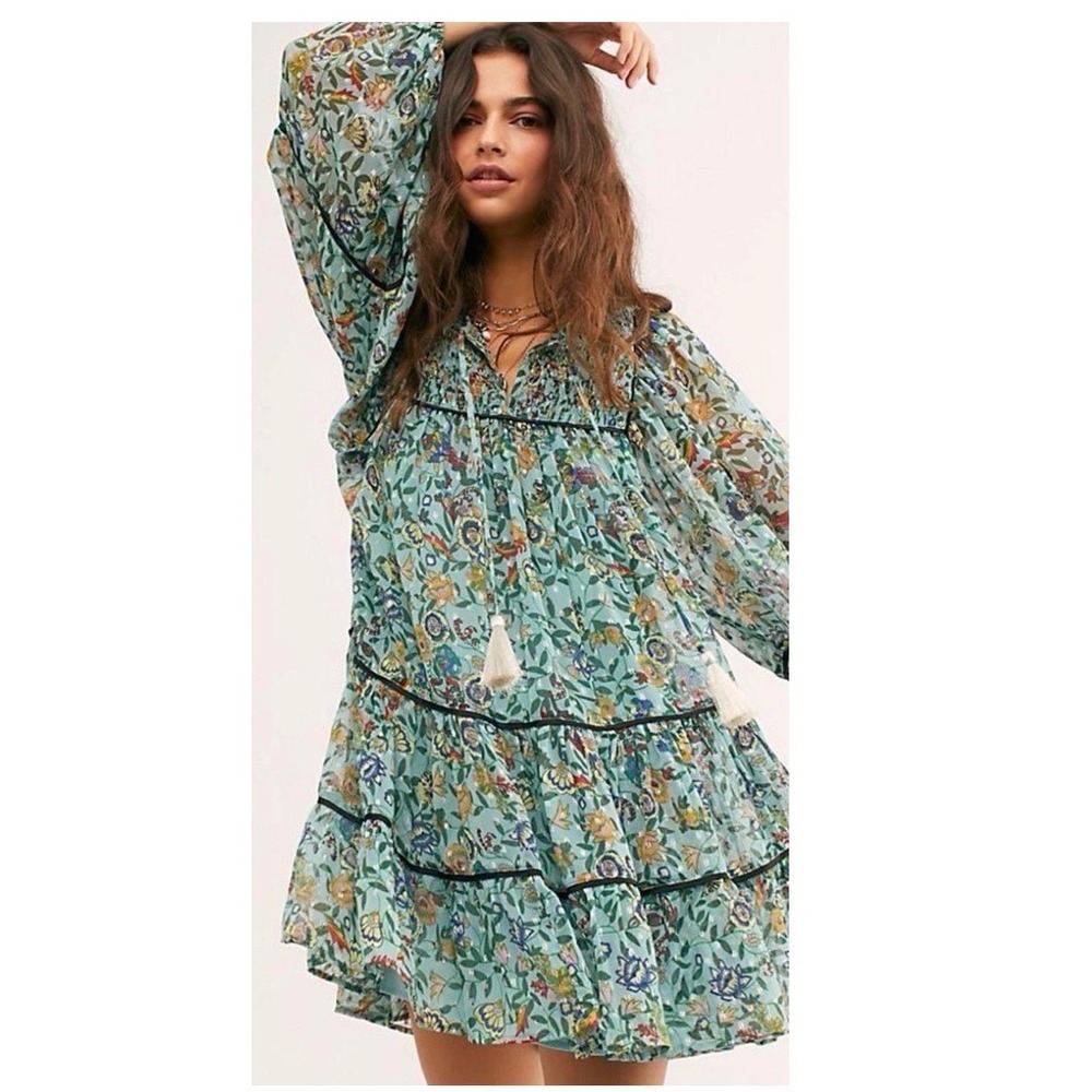 Free People First Kiss Mini Dress / Tunic Sheer Sage Floral Size Small